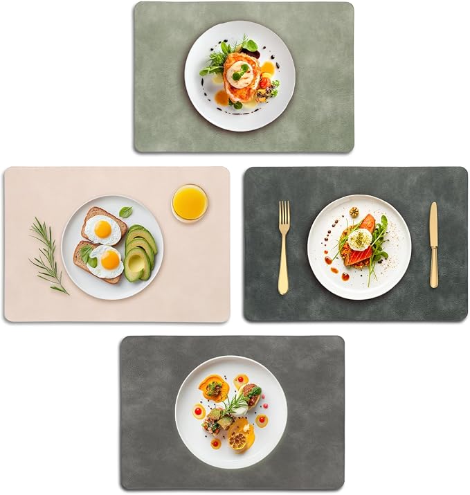 UnivoColors Placemats,Heat Resistant Placemats Set of 4 Washable 12 x 17 Inch,Waterproof Table Mats,Wipeable Pu Place Mats for Kitchen,Dining Room.(Green+Beige+Blue Grey+Grey)