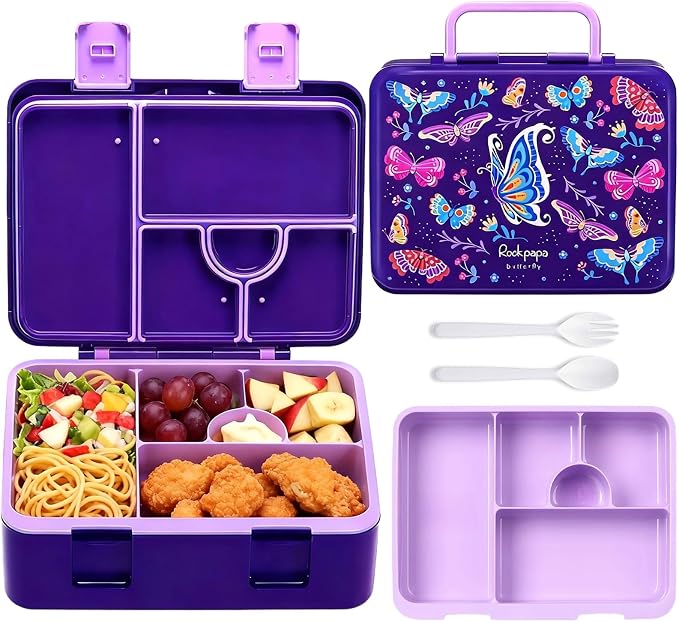 rockpapa Bento Box for Kids - Large 5.5 Cups Lunch Box with Utensils - 5 Compartments, BPA-Free, Leak Proof, Portable Handle for Boys Girls, Microwave/Dishwasher Safe (Purple Butterfly)