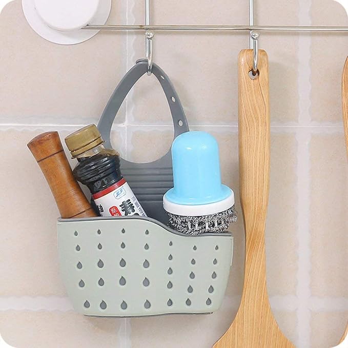 EC ELEGANTCHARM Kitchen Sink Caddy Sponge Holder Silicone Plastic Soap Holder Hanging Ajustable Strap Faucet Caddy with Drain Holes for Drying