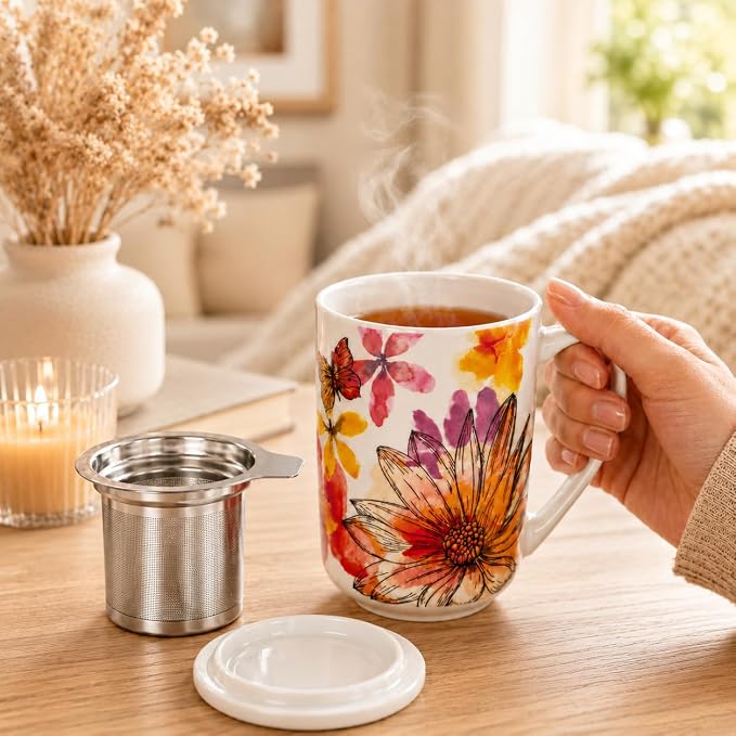 GBhome Tea Mug with Infuser and Lid,18 Ounce Ceramic Loose Leaf Cup Steeper | Lead-Free Glaze For Tea Lovers,Microwave & Dishwasher Safe with Tea Strainer