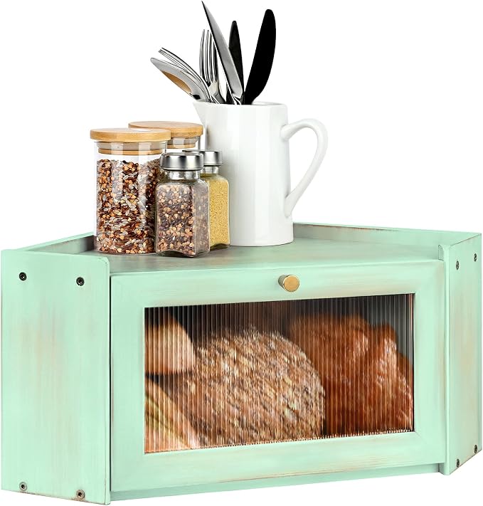 Bread Box for Kitchen Countertop with Acrylic Window Green | Farmhouse Bread Storage Container, Large Pantry Organizers for Homemade Snacks, Loaves, Breathable Keeps Bread Fresh