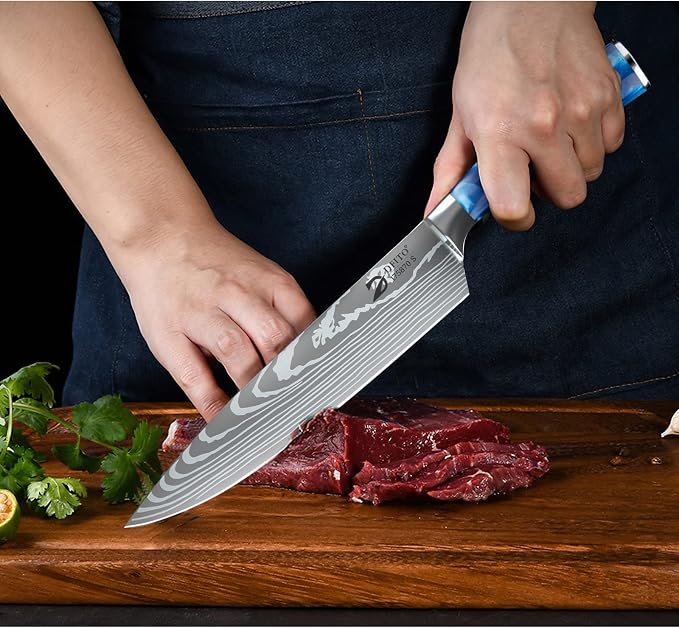 Chef Knife Sets with Roll Bag, 9 Pieces Professional Knife Set | High Carbon Stainless Steel Kitchen Chef Knife Set with Sharpener, Blue Resin Handle, Kitchen & Home Cooking, Dishwasher Safe