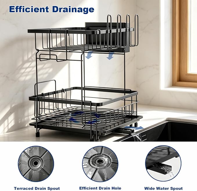 2 Tier Foldable Expandable Double Dish Drying Rack with Utensil Holder & Phone Holder, Over Sink Large Capacity Countertop Dish Dryer Organizer for Kitchen