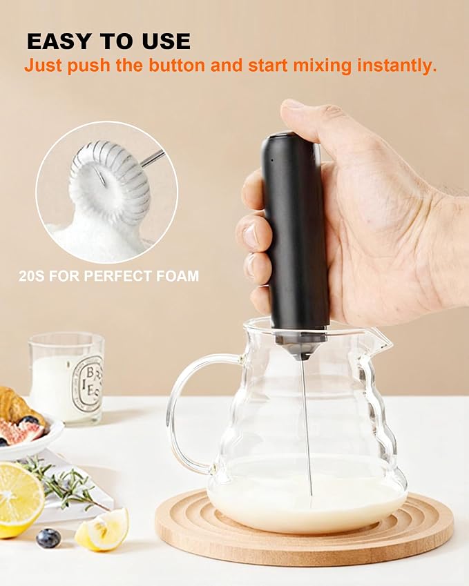 Electric Milk Frother Handheld Foam Maker, Black | TYP-C Rechargeable, with Cover - Portable Hand Frother for Coffee, Latte, Matcha, Cappuccino & Hot Chocolate