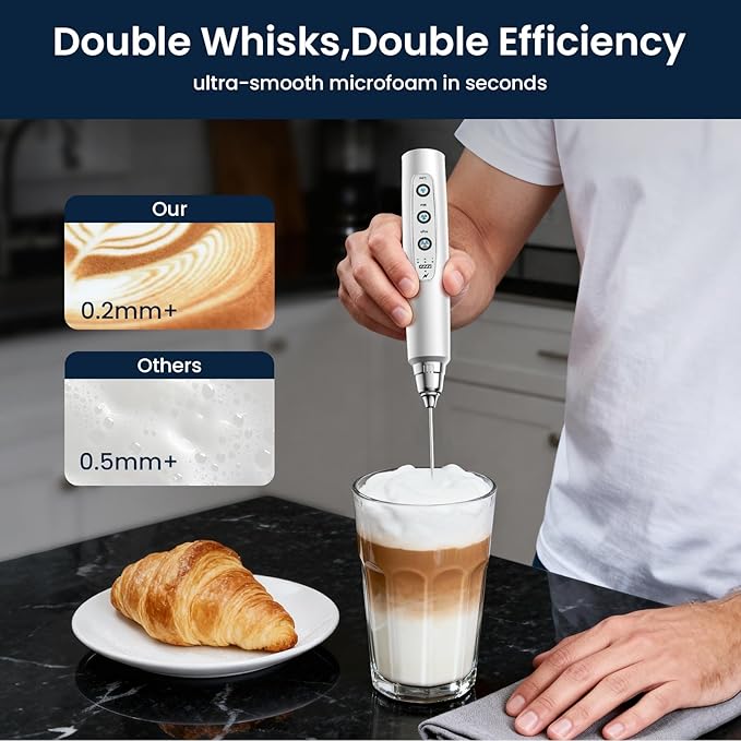 Milk Frother Wand Rechargeable Handheld Electric Whisk 3 Speed Adjustable | Coffee Frother Wand with 3 Stainless Whisks Electric Foam Maker Drink Mixer Blender for Latte Cappuccino Matcha Egg