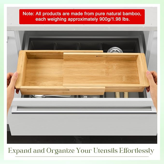 LemonRoad 2 Pcs Sliding Drawer Organizer 12.4-17.7 Inch Bin Bamboo Drawer Expandable Bins Utensil Organizer for Kitchen Spoons Forks Knives (Wood)