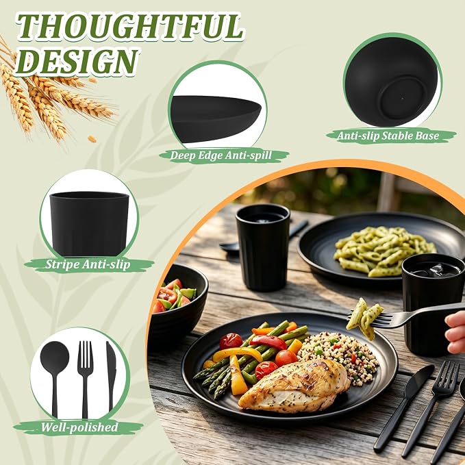 PYRMONT Dinnerware Set Wheat Straw Bowls and Plates Set Unbreakable Kitchen Dishes Service for 4 Microwave & Dishwasher Safe Plastic Dish Set for Camping,RV,Picnic-Black