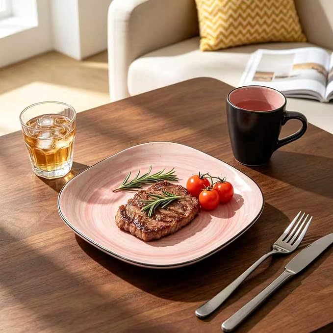 HomeVss, Stoneware Square 16pc Dinnerware Set, Inside Spinwaseh Swirl Rose + Outside Black