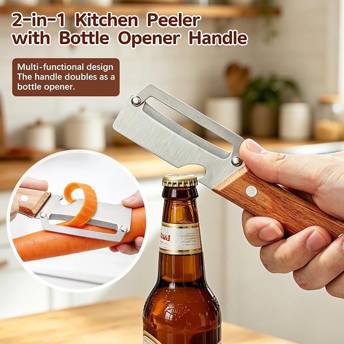 Left & Right Hand Vegetable Peeler Set with Bottle Opener, Thickened Stainless Steel Wide Blade for Smooth Peeling, Wooden Handle Kitchen Peeler for Fruits & Vegetables