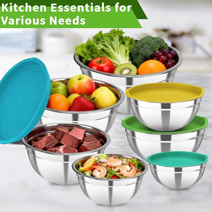 7 Pcs Stainless Steel Mixing Bowls with Colorful Lids Set Metal Salad Bowls | Nesting Design for Kitchen Mixing/preping/Saving, Size: 0.7, 1.1, 1.5, 2.1, 3.5, 4, 4.5Qt