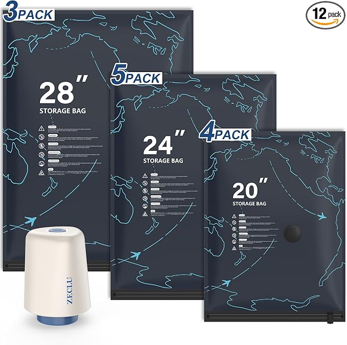 Vacuum Seal Bags for Travel with Pump - 12 Pack Luggage Vacuum Bags | - Rechargeable UsB-C Pump, 3 Sizes,Space Saver Compression Bags for Vacation Group Trips Clothing Travel