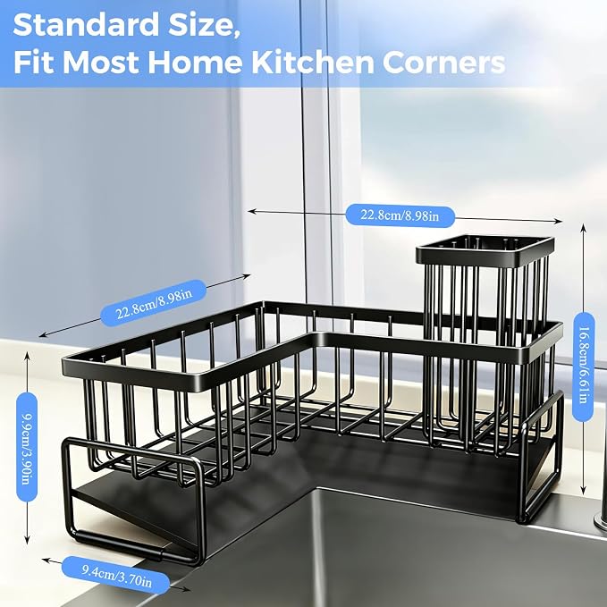 L-Shaped Kitchen Sink Caddy Organizer, Large Sponge Holder for Kitchen Sink, 90 Degree Corner Sink Storage Rack with Dish Brush & Soap Holder for Countertop Kitchen Storage