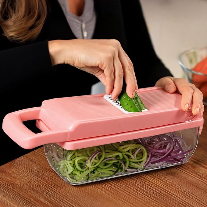 Pink Vegetable Chopper 16-in-1 Heavy Duty Food Chopper with Container Kitchen Spiralizer Gadgets for French Fry Onion Potato and Salad Cutter, Kitchen Tool