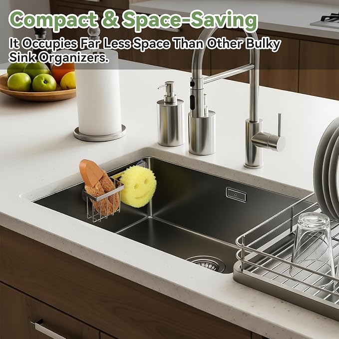 [Space Saving] Sponge Holder for Kitchen Sink, Great for Scrub Daddy / Scrub Mommy Sponges, Rust-proof Sink Sponge Caddy Organizer for Dish Brush, Scrubber - 2 Mounting Options (Suction Cups & Hooks)