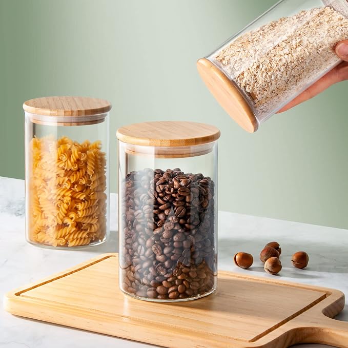 32 Oz Glass Jars with Bamboo Lid 3mm Thick Upgrade Clear (4 Pack) | Airtight, Thickened Glass, Large, For Salad Meal Prep Dry Foods Yogurt Cereal Chia Pudding, Kitchen Pantry Storage Canisters