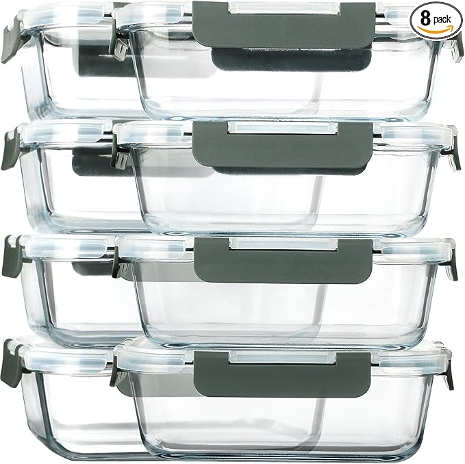 M MCIRCO 8 Pack,30 oz Glass Food Storage Containers with Lids, Gray | Glass Meal Prep Containers,Airtight Lunch Containers with Lids, Microwave, Oven, Freezer and Dishwasher Friendly, BPA Free