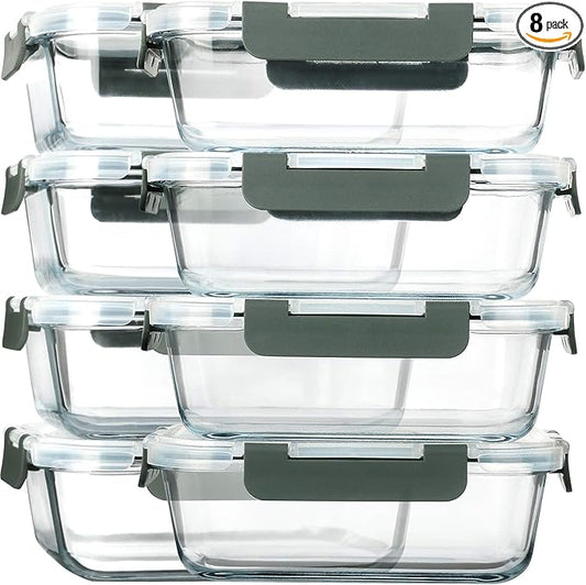M MCIRCO 8 Pack,30 oz Glass Food Storage Containers with Lids, Gray | Glass Meal Prep Containers,Airtight Lunch Containers with Lids, Microwave, Oven, Freezer and Dishwasher Friendly, BPA Free