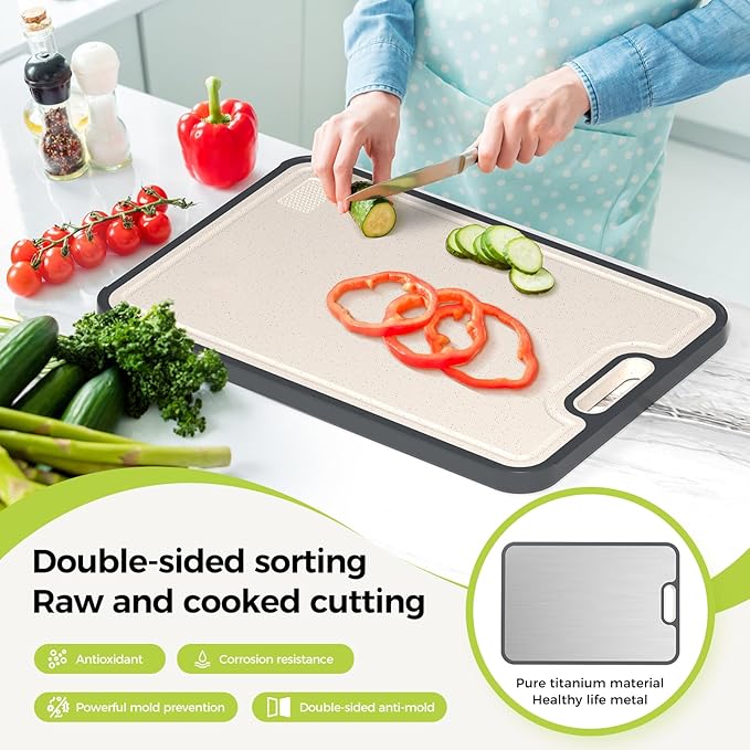 Titanium Cutting Board, Double Sided Food Grade Pure Titanium/PP, Cutting Board for Kitchen, Easy to Clean Large Size [18”*12.5”+15.5”*10.5”+12”*8.5”]