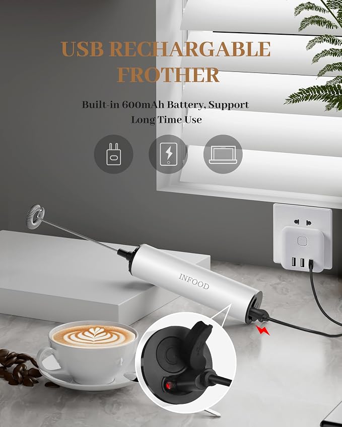 INFOOD Rechargeable Milk Frother with Cover, 2-Speed, 2 Whisks, White | Stainless Steel Body and Whisks, 2 Detachable Heads, for Lattes, Cappuccinos, Hot Chocolate, and Egg