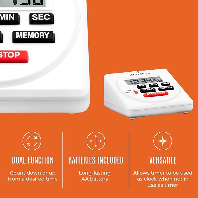 Marathon 24 Hour Digital Timer, White - Large, Easy-to-Read LCD Display - Loud Ring Alarm - Clock Feature - AA Battery Included