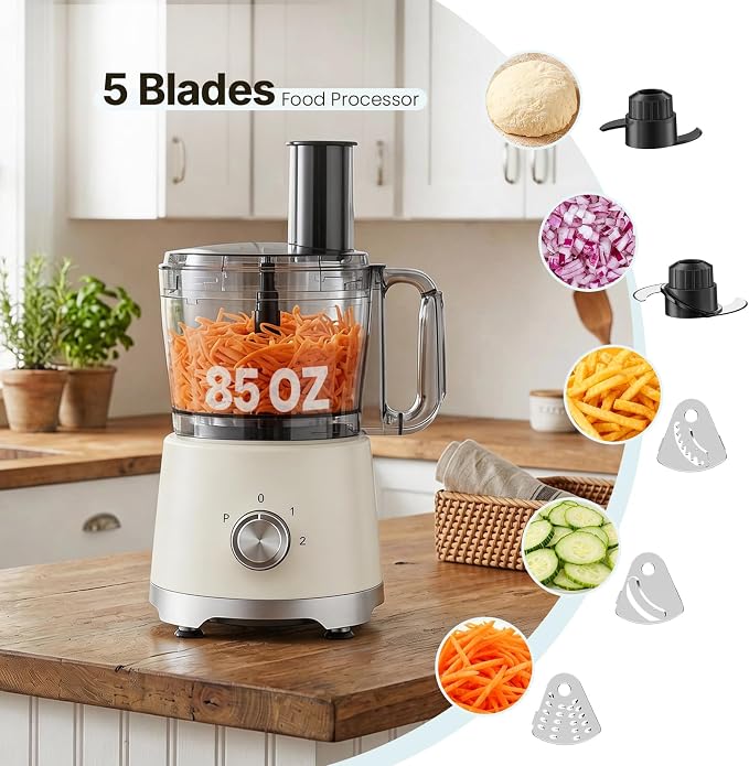 OLIXIS Food Processor 10.5 Cups, 600W Powerful Food processors with 5 Blades, Dishwasher Safe Meat Grinder for Slicing, Shredding, Chopping, Kneading, for Meat, Vegetables, Fruit, Dough