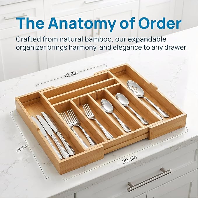 Bamboo Kitchen Silverware Drawer Organizer (DIY Slot, Natural) | Natural bamboo, Expandable 12.6"-20.3", 4 Removable dividers, 52 DIY layouts, Food safe, Bonus towel, No bending, no warping