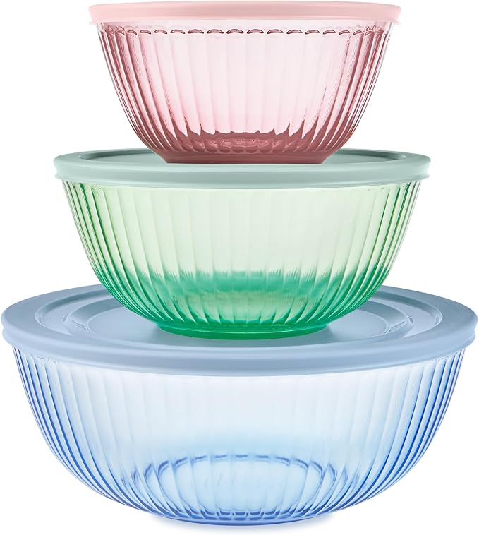 Pyrex Colors (3-Pack) Sculpted Tinted Glass Mixing Bowls with Plastic Lids