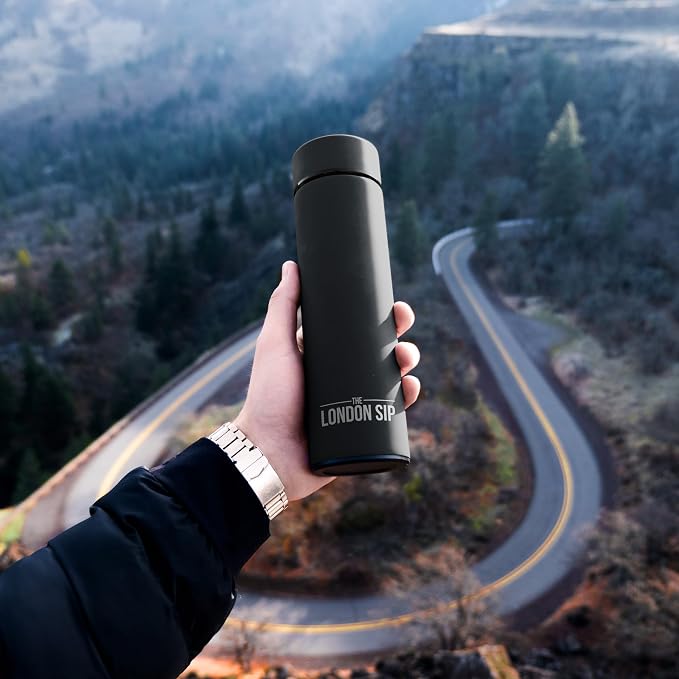 the London Sip Multi-Purpose Travel Mug and Tumbler Fruit Infused Flask Hot and Cold Double Wall Stainless Steel Thermos with Extra-Long Infuser, Zen Black, Pack of 2