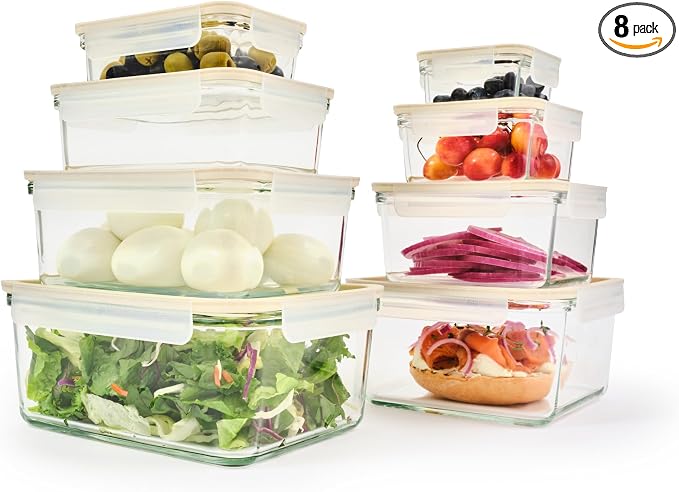 Glasslock Sens 16Pcs Glass Food Storage Set – Airtight & Leakproof, 8 Different Sizes, Anti Slip Lid, Microwave & Oven Safe, Perfect for Meal prep, Lunch Box, Nestable & Stackable, Pantry Storage