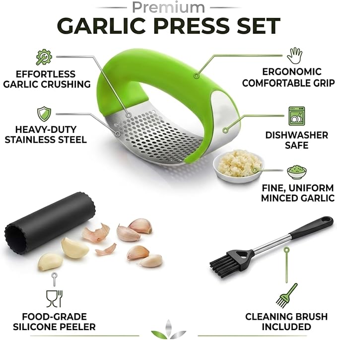 Angel's Peel Lounge Stainless Steel Garlic Press Rocker Set with Silicone Garlic Peeler & Cleaning Brush – Garlic Chopper, Mincer, Grater, Crusher – Easy for Crushed Cloves – Rust-Resistant, Green