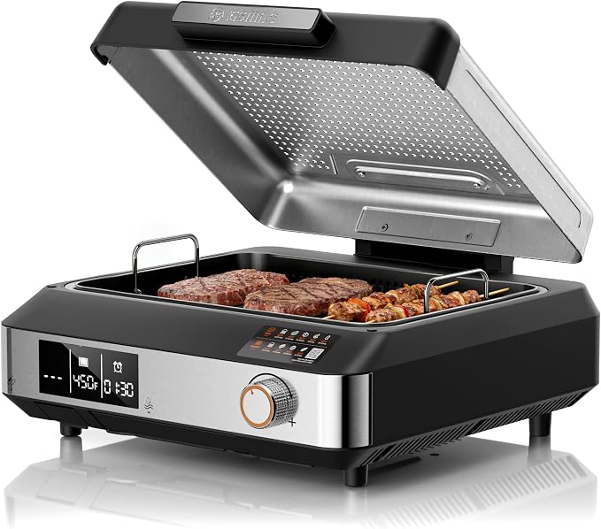 Kismile 2-in-1 Smokeless Electric Grill,Digital Display,Meat Probe,Nonstick | Indoor Grill and Griddle Combo,Dishwasher Safety,Temperature Control for Steak, Pancakes, Bacon