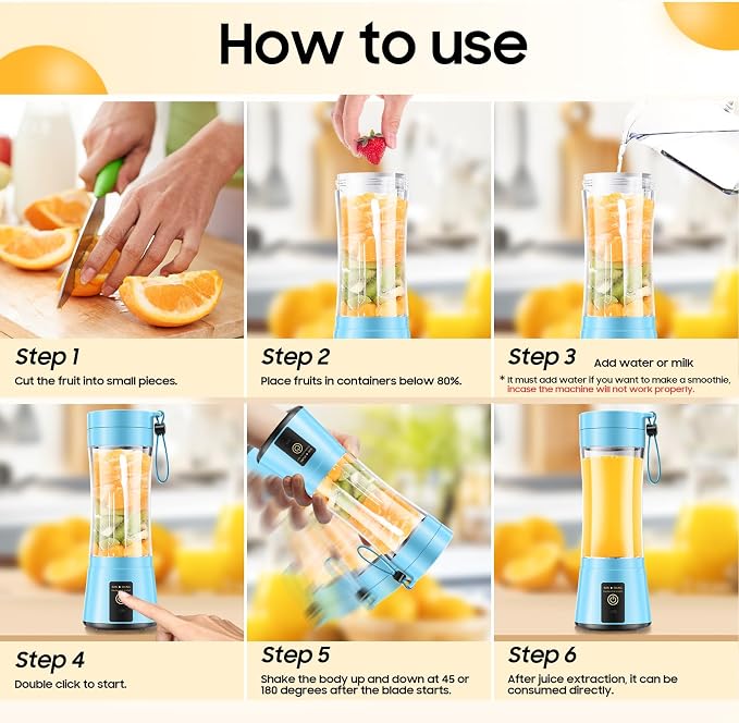 Portable Blender Personal Size Blender Make Smoothies, 12oz Mini Travel Cup | BPA-Free Small Blender with High Blending Speed, 6 Steel Blades, Easy Clean, Freshly Squeezed in Sports/Office/Gym