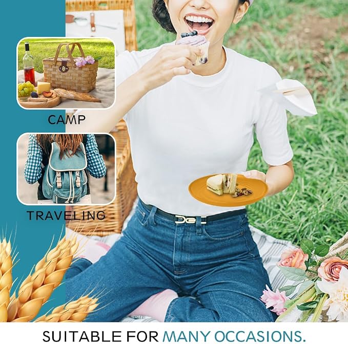 Teivio 88-Piece Kitchen Plastic Wheat Straw Square Dinnerware Sets for 8, Dinner/Salad/Tidbit Plates, Fruit/Snack Bowls, Cups, Flatware, Dishwasher Safe, Unbreakable Outdoor RV Dishes, Fall Multicolor
