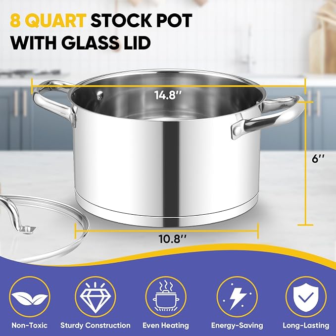 TeamFar 8QT Stock Pot with Lid, Stainless Steel Tri-ply Bottom Cooking Pot | for Vegetable Pasta Soup, Works with Induction/Gas/Glass/Ceramic Stoves, Non-toxic & Sturdy, Straight Side & Riveted Handles
