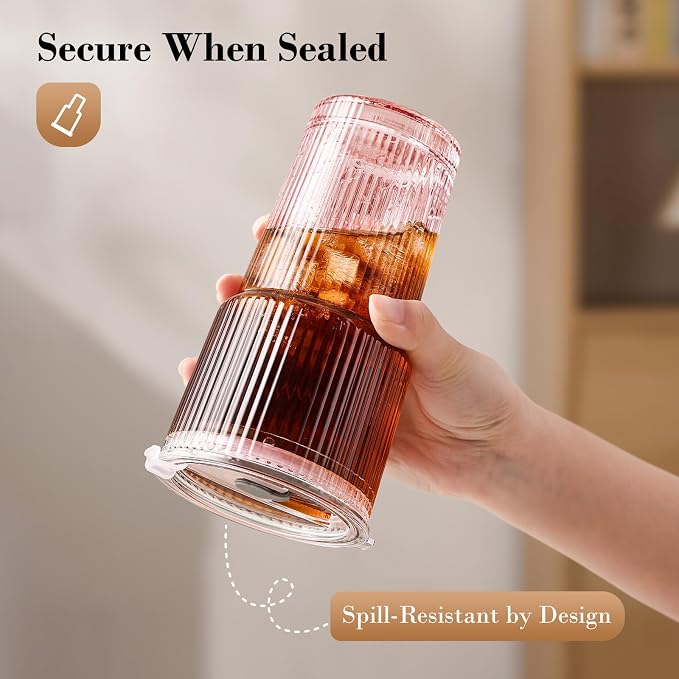 20oz Iced Coffee Cups with Lids, Ribbed Glass Cups with Lids and Straws | Thick Reusable Glass, Leak-Resistant Lids, Fits Most Car Cup Holders, For Iced Coffee, Tea, Smoothies and Cold Drinks