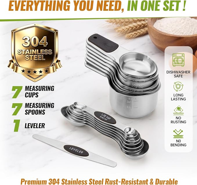 Magnetic Measuring Cups & Spoons Set of 15 | BPA Free,Heavy Duty 304 Stainless Steel,Strong N52 Magnets,Dishwasher Safe with Leveler for Baking and Cooking