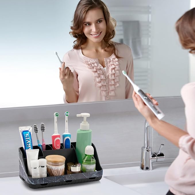 GFWARE Marble Black Toothbrush Holder for Bathrooms, Bathroom Sink Storage | Detachable 7 Slots Kid Electric Toothbrush and Toothpaste Holder, Bathroom Sink Accessories Storage Caddy Marble-Look, Black