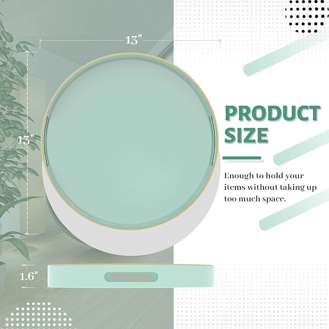 13" Mint Green Decorative Tray, Round Serving Tray with Handles | Plastic Decorative Tray for Coffee Table, Modern Ottoman Tray, Circle Tea Tray, Round Melamine Tray for Living Room, Bathroom