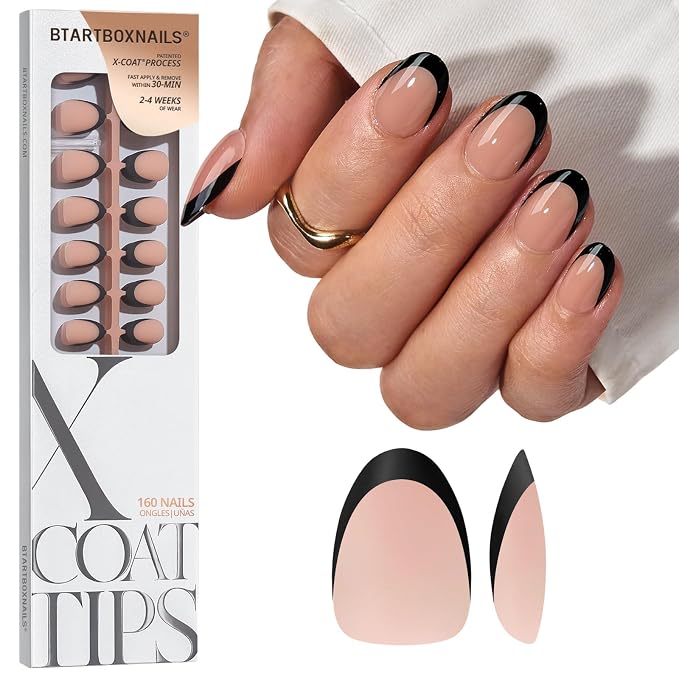 BTArtboxnails XCOATTIPS Black French Tip Press On Nails, XS Oval, Peach | Lamp-Curable, 4-Week Wear, Natural Nail Look, Salon Quality Value at Home, Easy-to-Apply for Beginners, 160ct Nail Tips Only