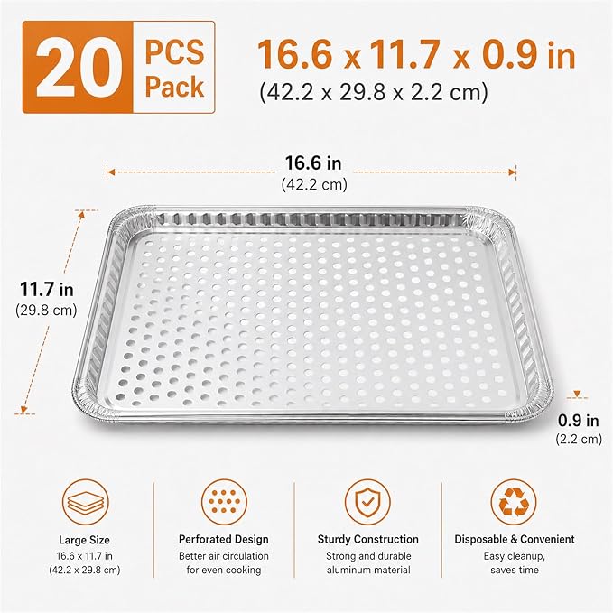 CYEAH 16 x 12 in Large Aluminum Foil Grill Topper Pans, 20 Pcs BBQ Grill Topper Pan with Holes, Non Viscous Aluminum Foil BBQ Grilling Tray for Cooking & Camping, No Clean Up Required