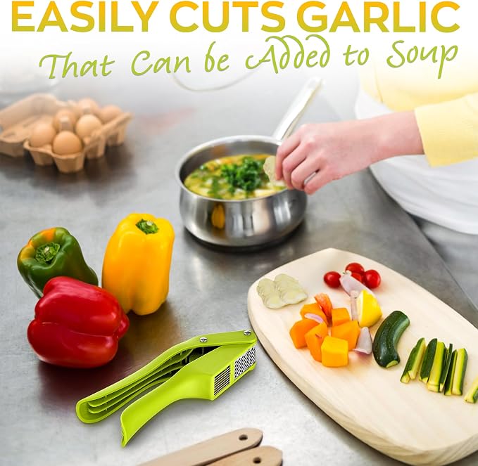 2 in 1 Garlic Slicer and Press, Stainless Steel with Durable Plastic | Multipurpose Garlic Press and Slicer Cuts Cloves Thin - 7.6 x 1.7 x 2.5 In, Easy to Use & Clean for Kitchen, Cafe, Deli Prep