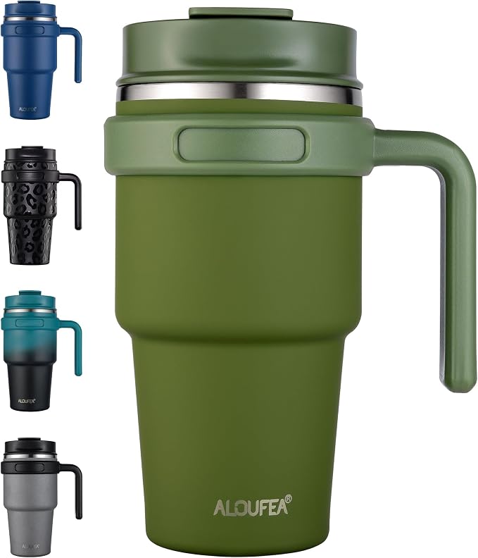 20 oz Insulated Travel Coffee Mug Tumbler with Handle and Straw | Leakproof Stainless Steel Coffee Cup with Lid, Double Wall Vacuum Ice Thermal Cup, Army Green