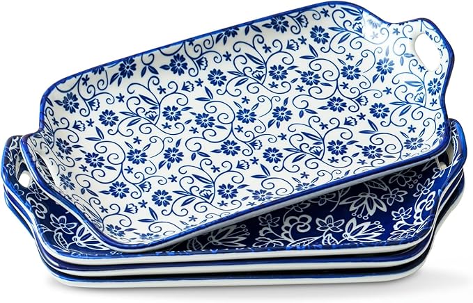Serving Tray with Handles - 12 Inch Large Ceramic Rectangle Turkey Serving Platter for Food Meat - Porcelain Serving Dish for Entertaining Thanksgiving - Oven Safe - Set of 4 - Vintage Blue