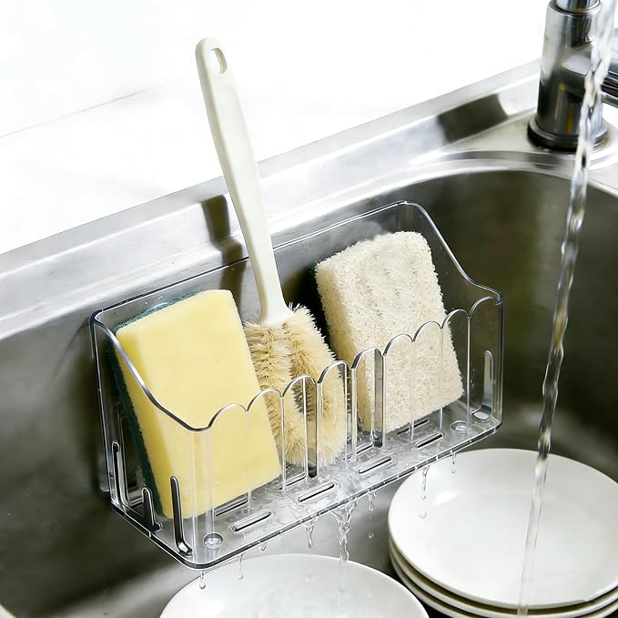 Kitchen Sink Caddy Organizer, Suction Cup Wall Mount Storage Rack for Sponges and Dish Soap (Transparent)