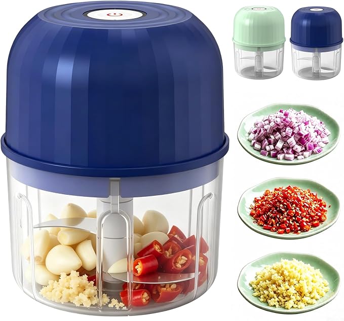 Electric Garlic Chopper, Mini Rechargeable Electric Garlic Chopper, Wireless Portable Food Processor for Ginger Chili Onion Vegetables Meat (Blue)