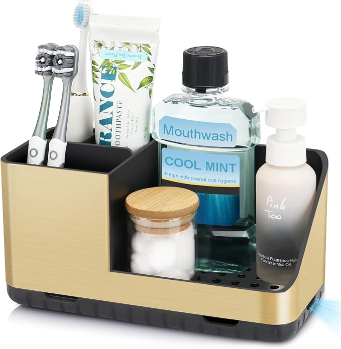 Toothbrush Holders for Bathroom Counter Organizer (Brushed Gold Grain) | Easy To Clean, Drainage, Non-Slip, Detachable, Kids Electric Toothbrush and Toothpaste Holder for Bathroom