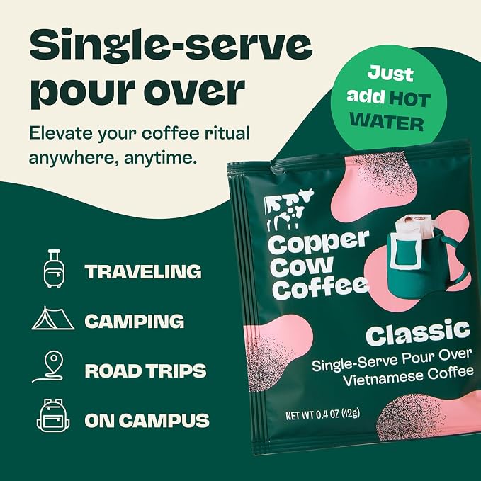 Copper Cow Coffee Vietnamese Pour Over Single Serve Dark Roast 8pk | Black ground pour over pouches with rich, bold, low acid coffee. Travel friendly—tear, hang, pour hot water, enjoy anywhere