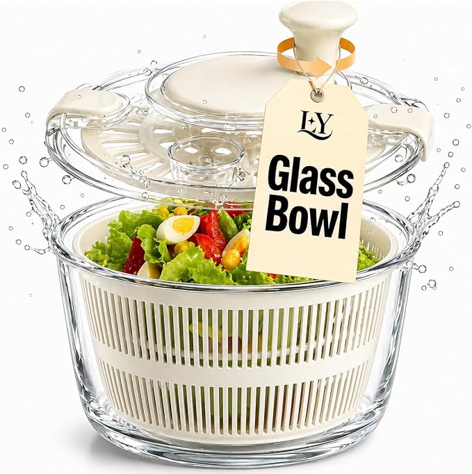 Large 5.2 Qt Glass Salad Spinner with Drain, Off-White | Microwave- and Dishwasher-Safe Glass Bowl, Transparent Lid, Crank Handle, Quick-Spin Salad Cleaner for Lettuce, Herbs Fruit