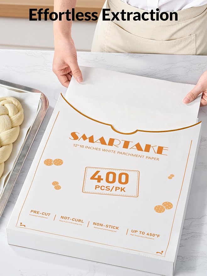 SMARTAKE 400 Pcs White Parchment Paper Sheets, 12x16 Inches, Non-Stick | Pre-Cut Greaseproof Baking Paper, Pure Wood Pulp, Oven Safe up to 450°F, for Cooking, Grilling, Frying, Steaming, Wrapping