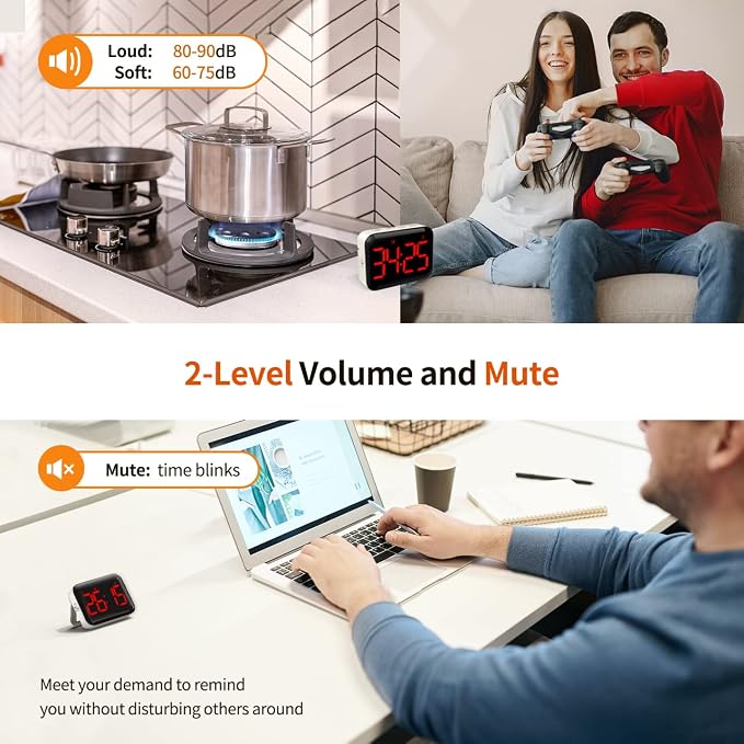 Magnetic Kitchen Timer for Cooking with Count Up Countdown, Digital Timer Battery Powered with Large Display, 2 Brightness and Volume Levels for Classroom, Teacher, Kids (Red)